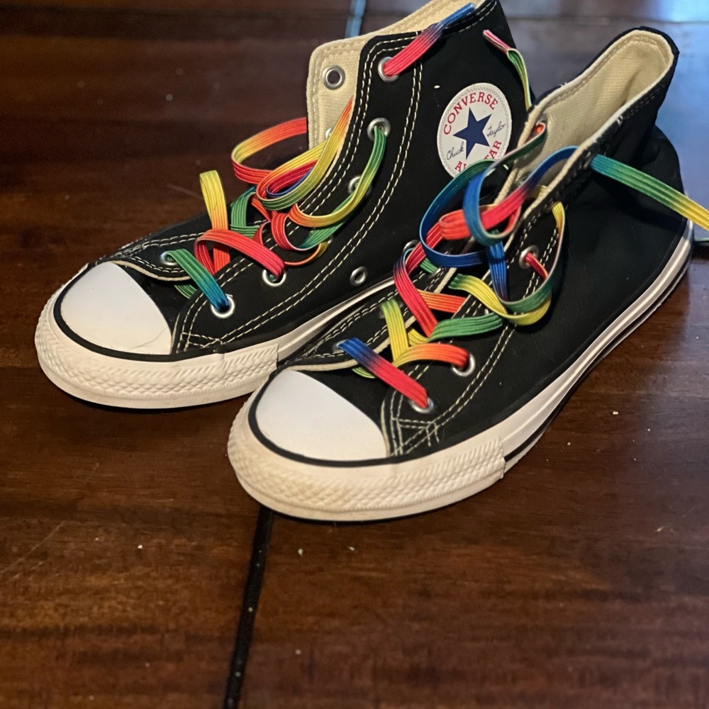 Kids Converse Black High-Tops with Elastic Rainbow Laces